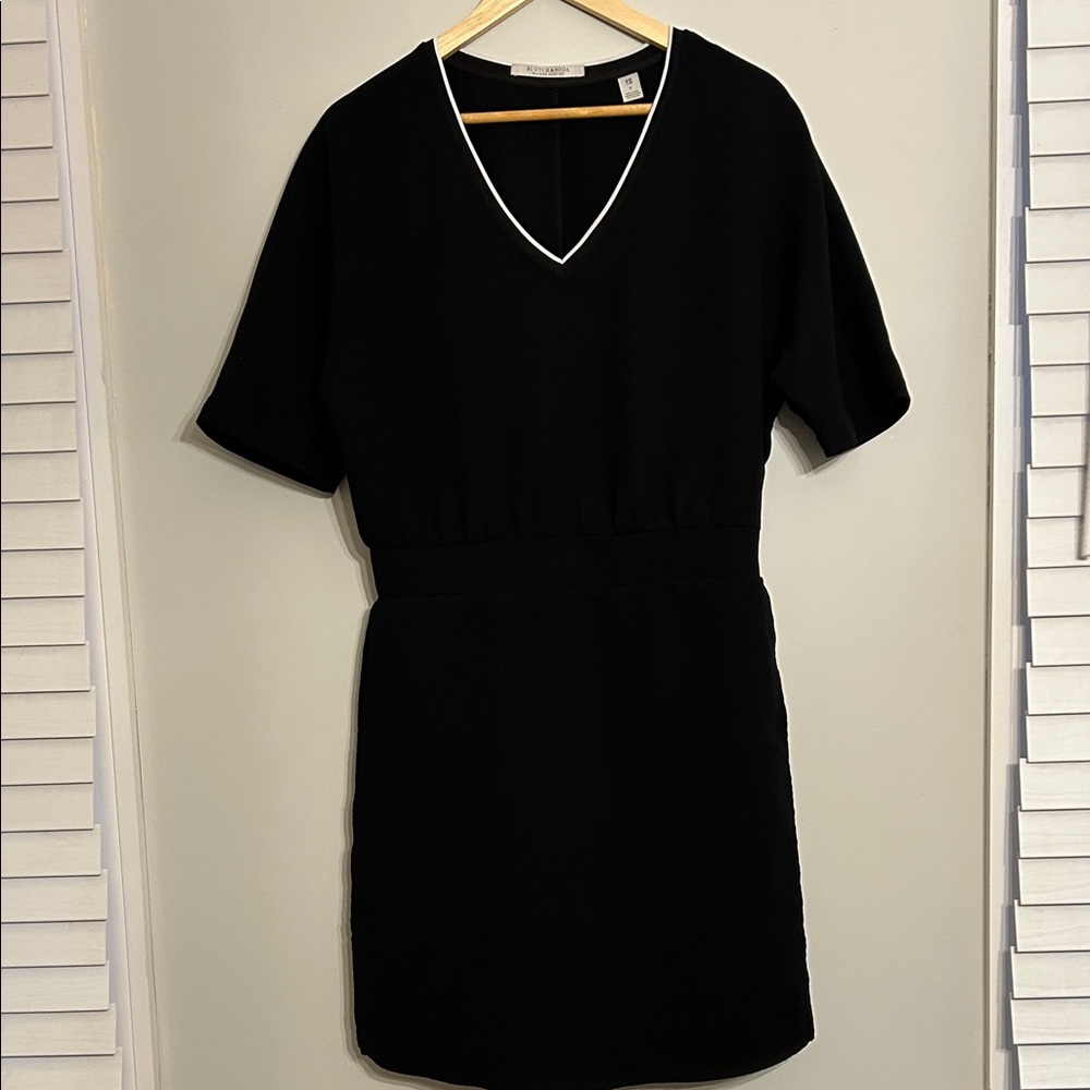 Scotch & Soda Black Mini Dress with White V-Neck Trim